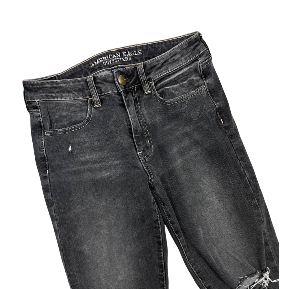 American Eagle Hi-Rise Jegging Crop Super Stretch Washed Black Ripped Knee - Picture 2 of 6